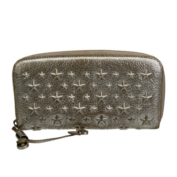 JIMMY CHOO Silver Metallic Leather Long WALLET Metal Star Zipper Closure Clutch - Picture 1 of 3